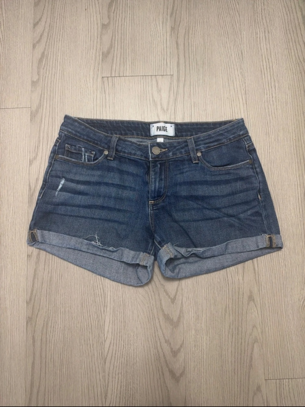 PAIGE Dark Indigo Rolled Cuff Denim Shorts